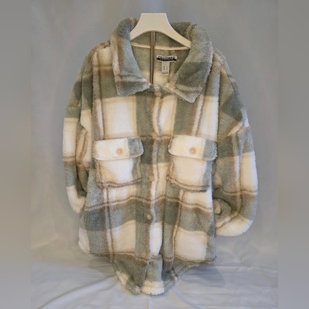 Contempo Casuals Plush Sherpa Jacket in Sage & Cream